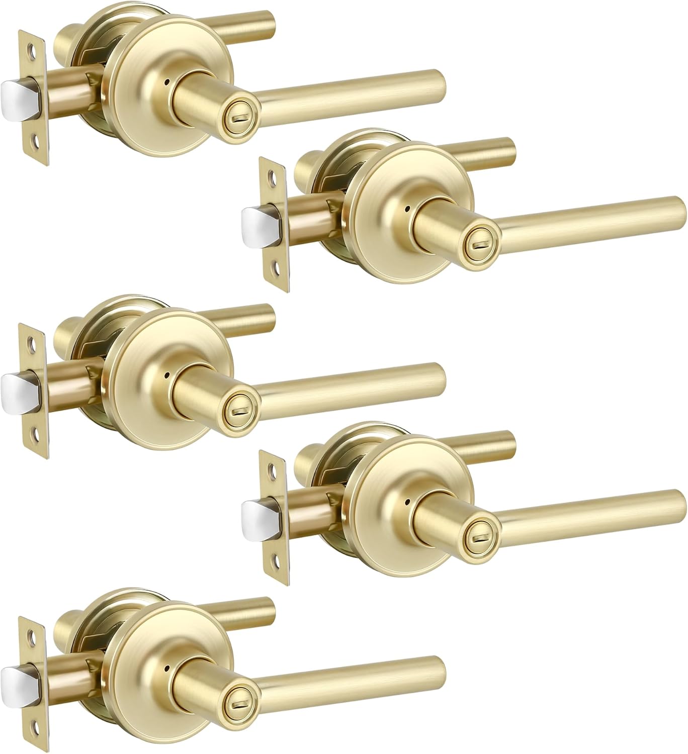 5 Pcs Gold Door Handles Interior in Satin Brass Finish, Bedroom Bathroom Privacy Door Levers Interior Gold Locksets Keyless, Reversible for Right & Left Sided Doors