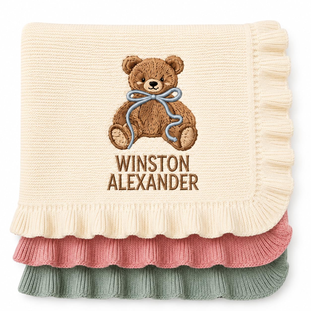LOVELYPOD Custom Knit Baby Blanket, Embroidered Name Nursery Blanket, Newborn, Cotton Knit Stroller Blanket, Personalized Baby Knit Blanket Gifts01
