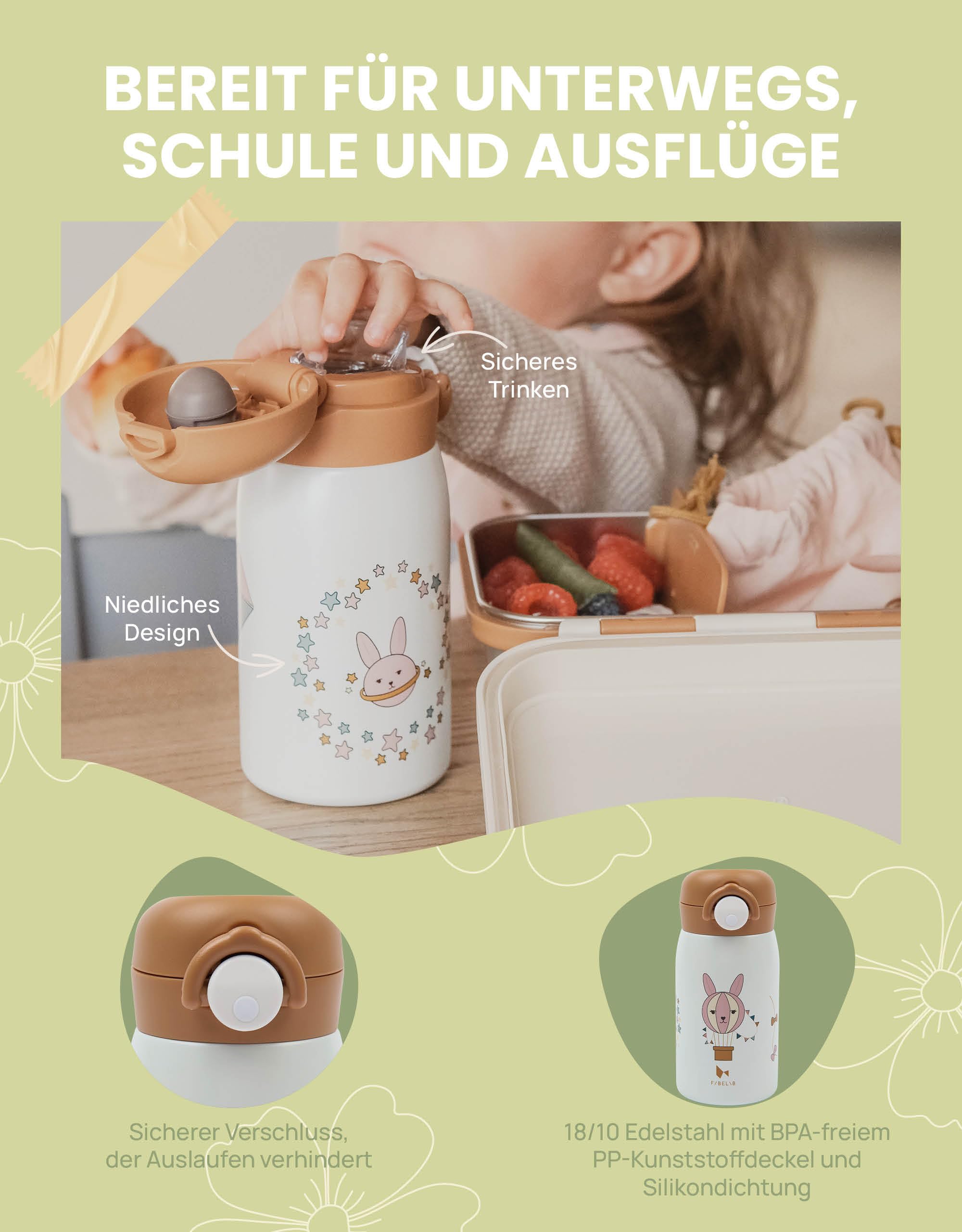 Fabelab Butelka dla dzieci 320 ml | Niedźwiedź ze stali nierdzewnej bez BPA, szkoła zapobiegająca przeciekaniu, butelka na wodę
