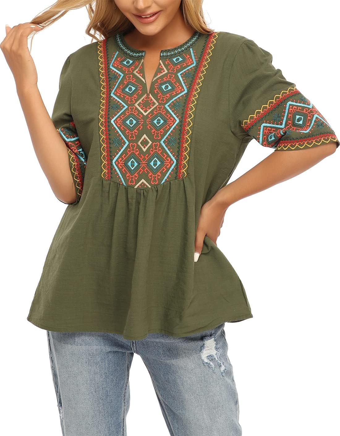 YZXDORWJ Women's Mexican V Neck Peasant Boho Embroidered Blouse Cotton Short Sleeve Tops