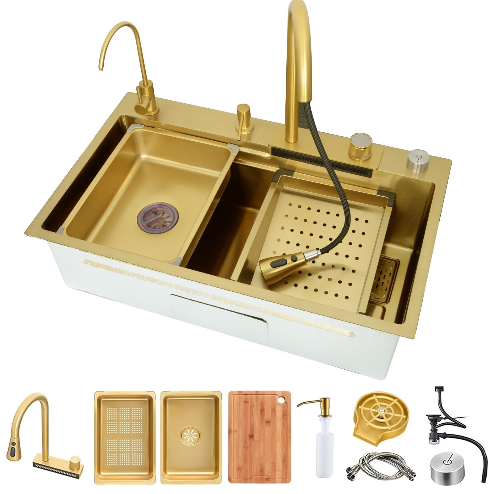 ZQFHSX Gold Nano Waterfall Kitchen Sink Set - Topmount Workstation With Pull-Out Faucet, Cup Washer, Cutting Board, And Drain Basket Stainless Steel, Efficient Water Drainage System(68x45cm)