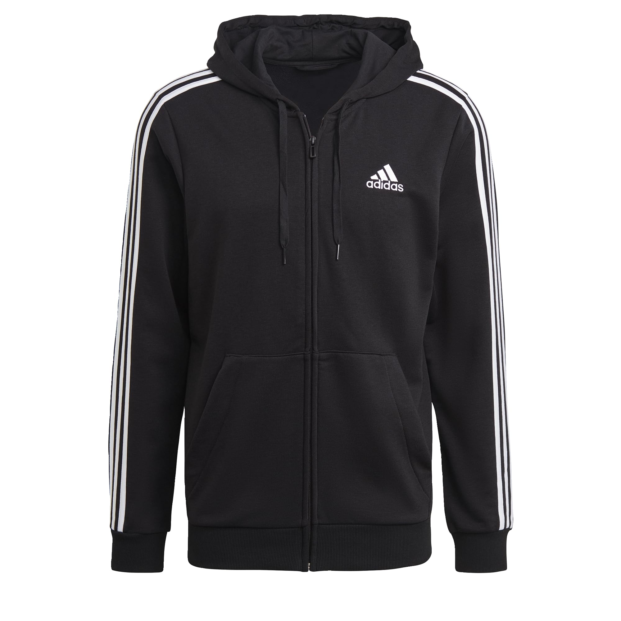 adidas Uomo Essential Three Stripes Fleece Zipper Hoodie Sweatshirt, Black/​White, L