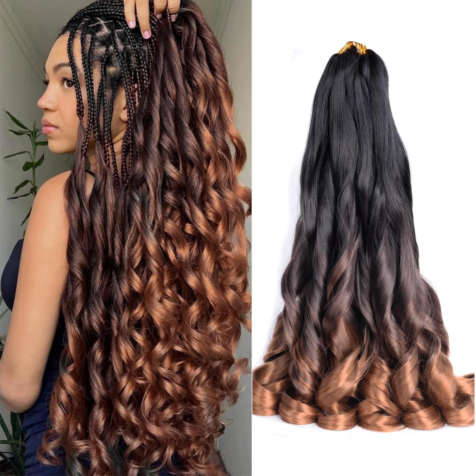 French Curl Braiding Hair 24 Inch 8 Packs Pre Stretched Loose Wave Bouncy Braiding Hair Spanish Curly Ends Synthetic Hair Extensions for Braiding（1B/33/30）