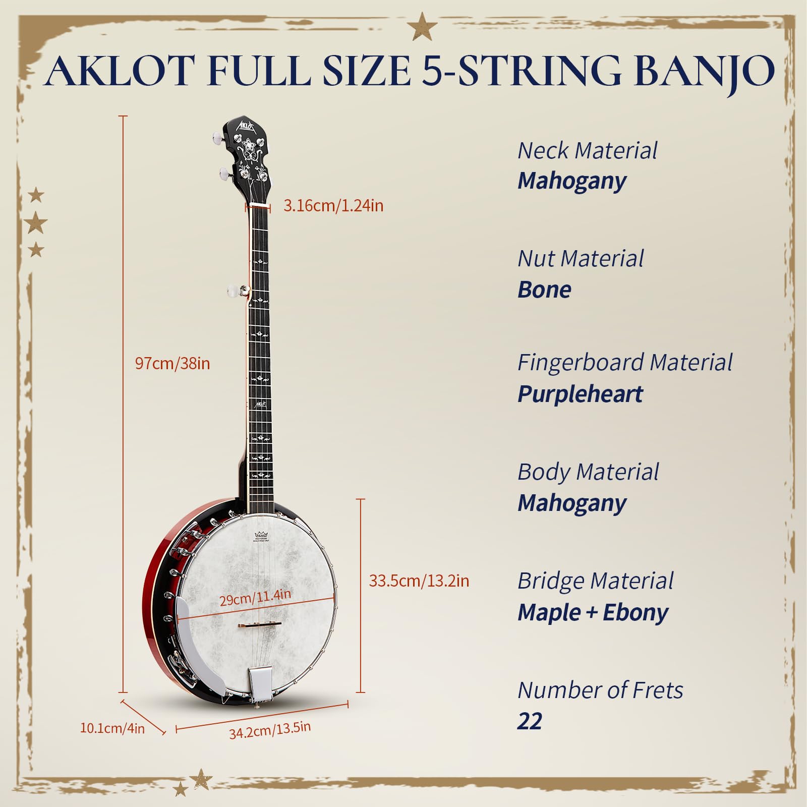 Amazon.co.jp: AKLOT レモヘッド付きフルサイズバンジョー:38インチ 5