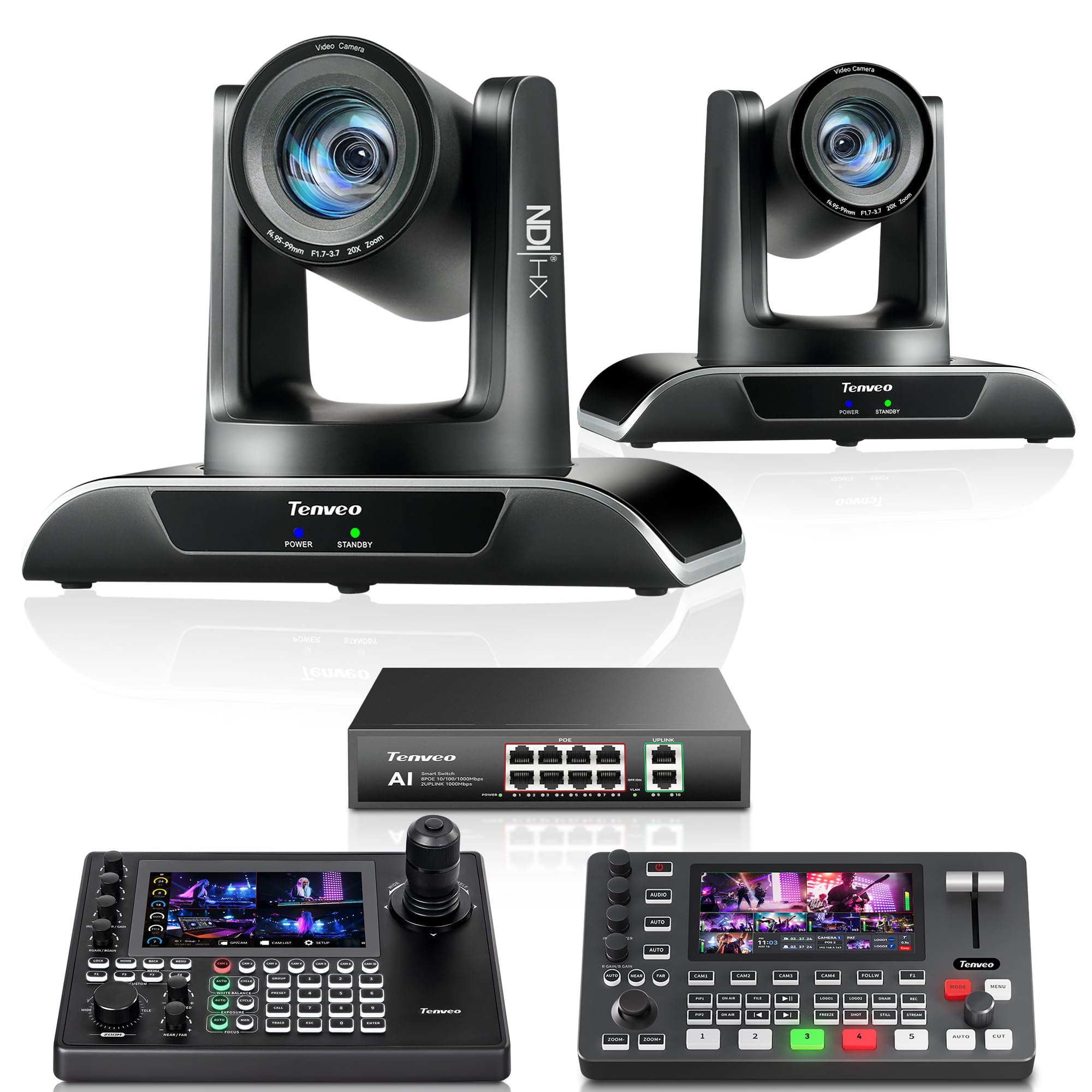 Tenveo Kit Telecamere PTZ e Controller, 2 Telecamere PTZ NDI AI Tracking 20X (HDMI/USB3.0/LAN PoE), Controller Joystick 4D con Schermo Touchscreen 7" Quad-View, Switch PoE e Switcher Video