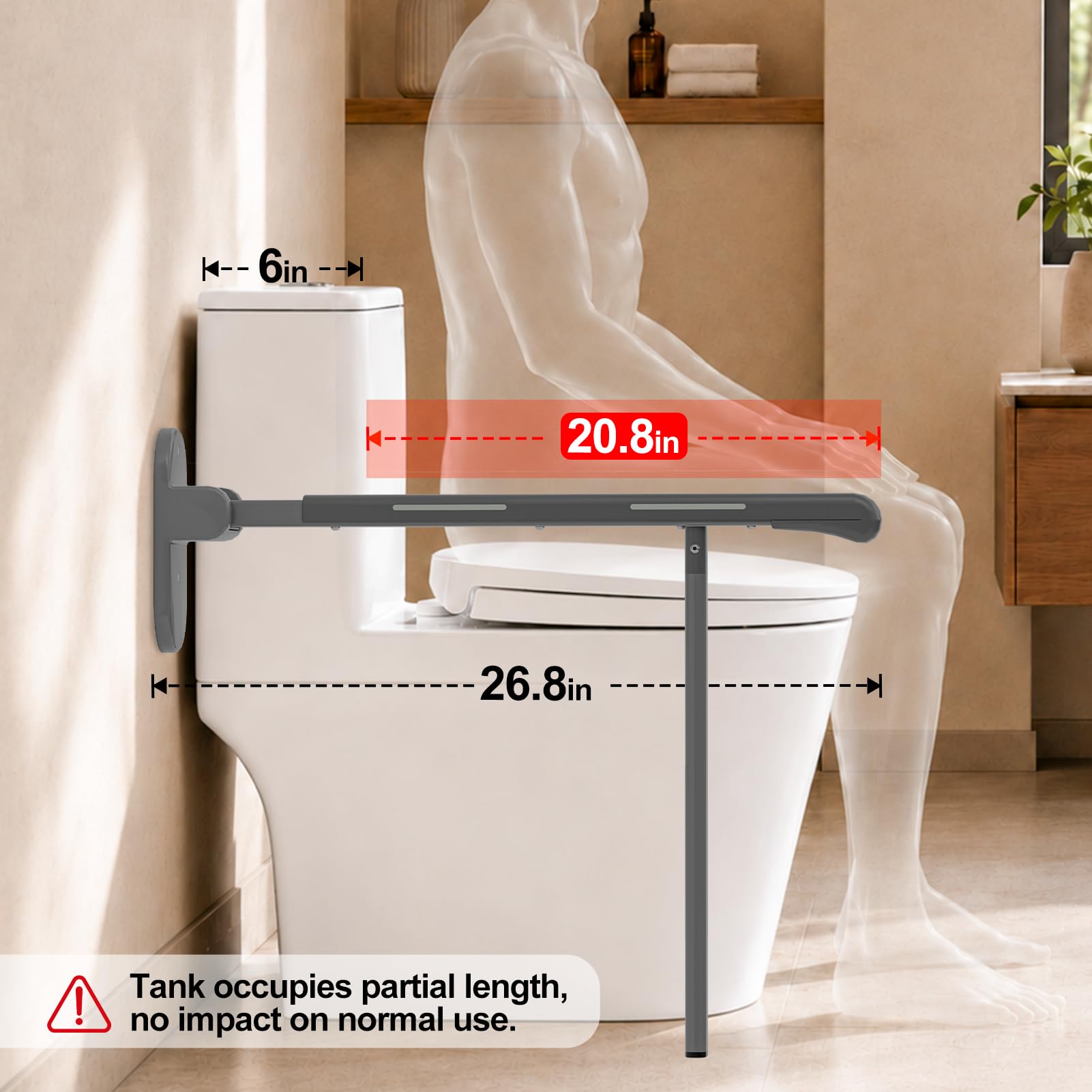 SPECILITE Barra de agarre resistente para inodoro, soporte resistente de 440 libras, rieles de seguridad con pasamanos antideslizante impermeable y tiras de brillo nocturno, diseño abatible que ahorra