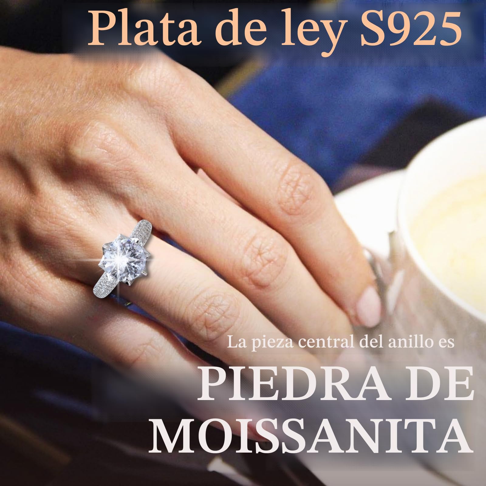 HALUKAKAH Anillo para Mujer con Moissanita D5,0 ct Plata de Ley 925 Baño en Platino con Certificado,Diamantes de Laboratorio Etéreos en Redondo Engaste Garras,para Compromisos,Bodas,Talla Ajustable