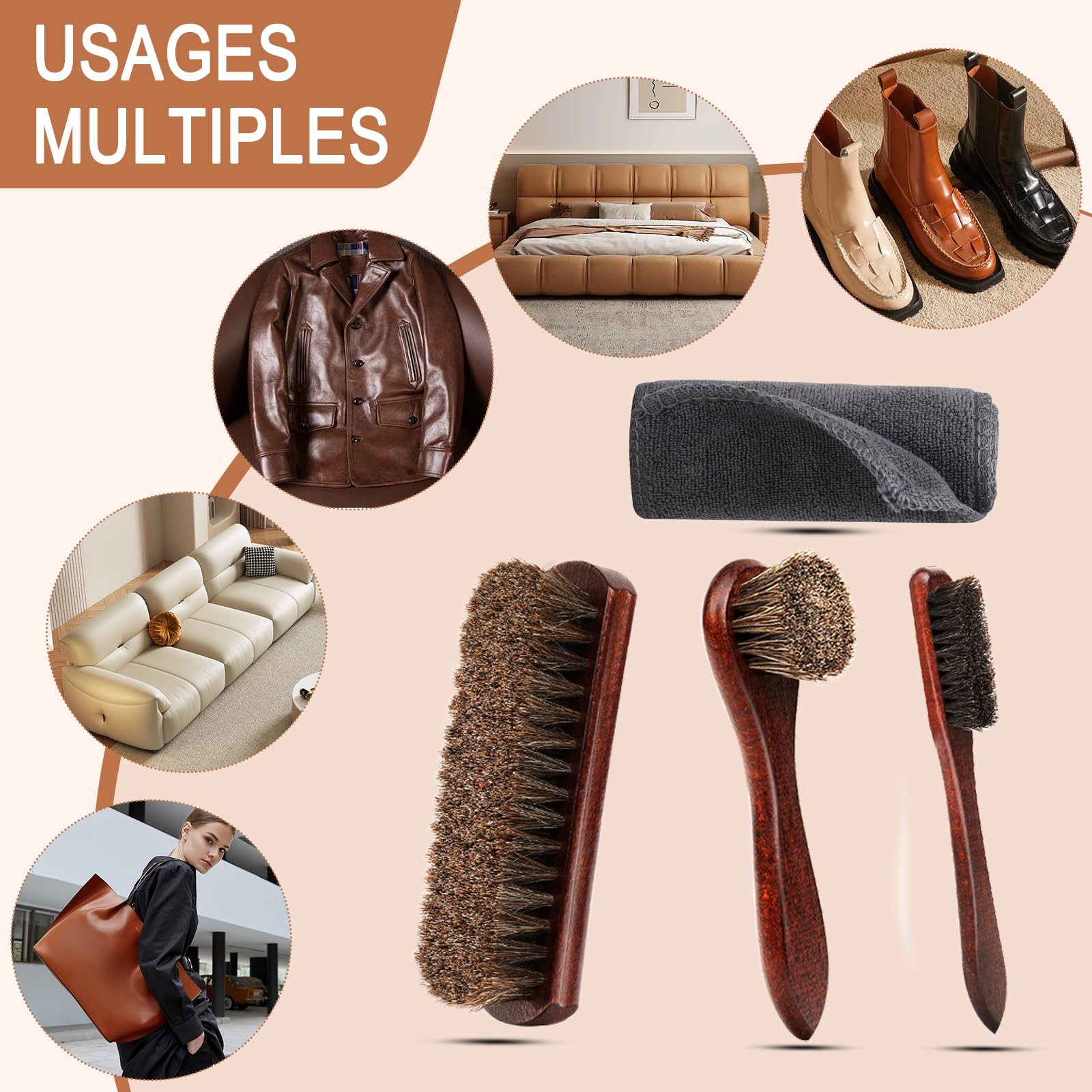Kit 4 Pièces Brosse à Chaussures 100% CRIN de Cheval Set Entretien Cuir Bois de Hêtre Nettoyage Daim Sneakers Bottes Brosse à Luire Applicateur Chiffon Polissage Doux Naturel Cadeau Homme Coffret