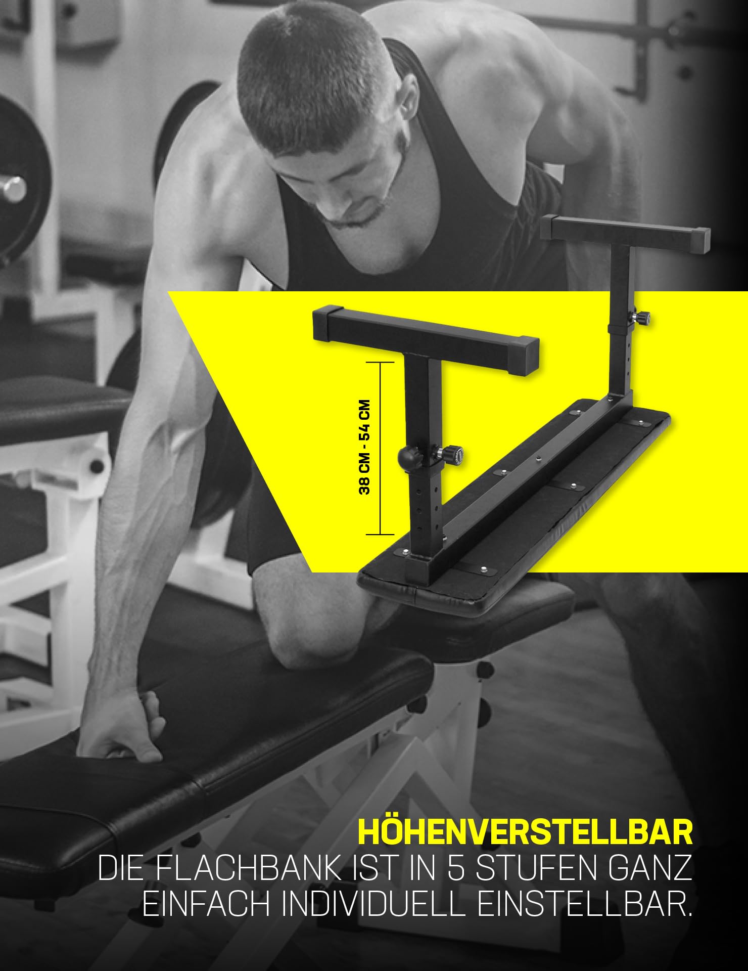 SPORTINATOR® Banc plat réglable en hauteur avec revêtement en cuir synthétique facile à nettoyer avec 3 supports et 2 bandes de résistance pour différents exercices de musculation à la maison