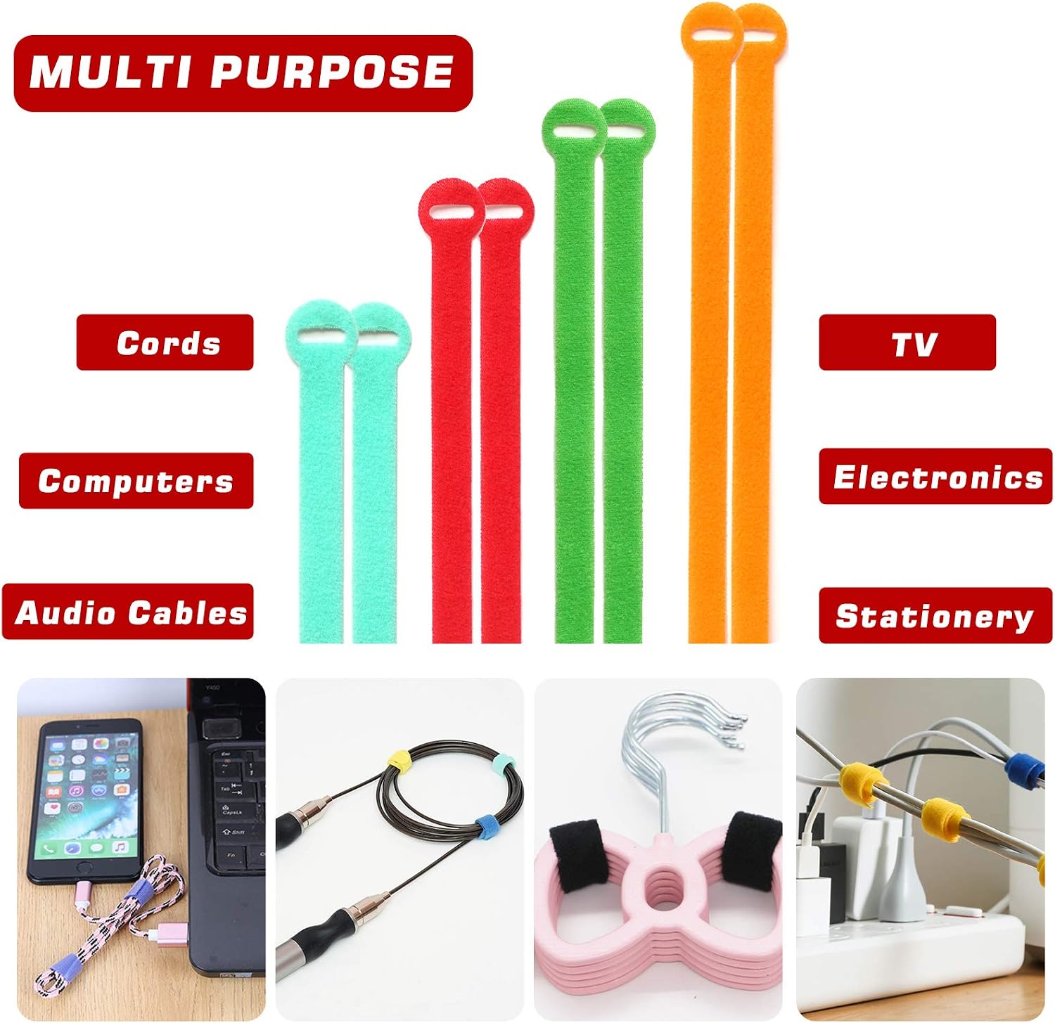 Cable Ties 100PCS,4+6+8+10 Inch Reusable Cable Management,Multi-Purpose Adjustable Cord Organizer,Fastening Microfiber Cloth Hook and Loop Cable Organizer Wire Straps,Assorted Colors