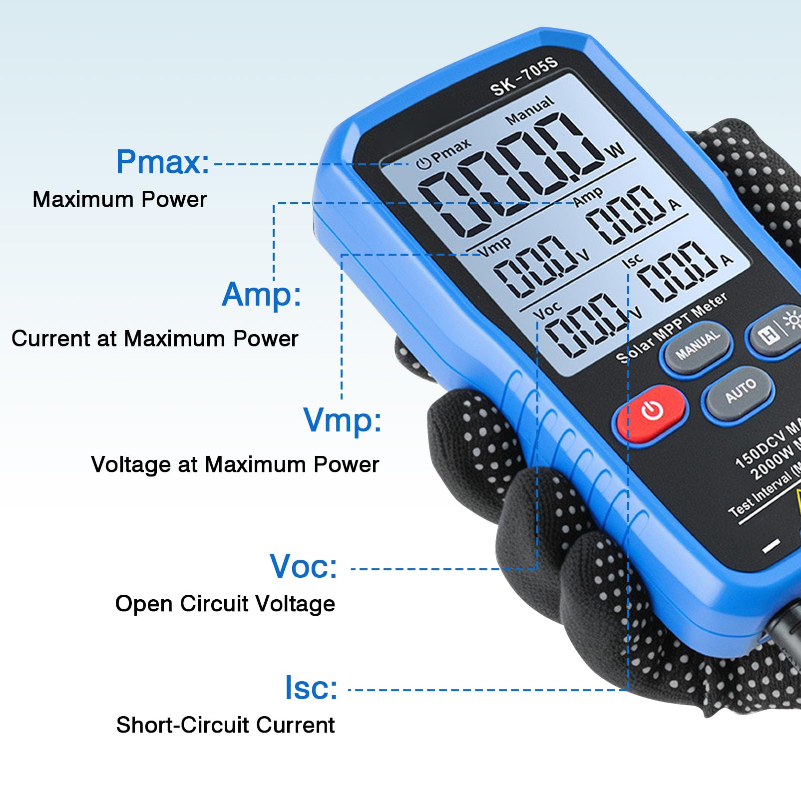 PV Messgerät, 2000 W SK-705S Solarpanel tester Solar MPPT Leistungstester für Photovoltaikmodule,nicht höher als DC 150V 35A, Leerlaufspannungs Fehlerbehebung mit 3,2" LCD-Display, Voc Isc Vmp Pmax