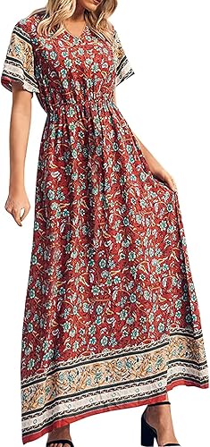 Miniatura 1 de EKOUSN Vestido largo de verano con estampado de flores 2023 cuello en V manga corta holgado vestido de discoteca