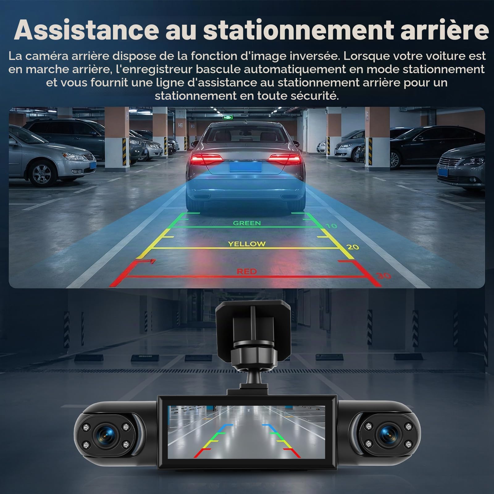 SIXTOP 3,16 pouces Caméra de Tableau de Bord Full HD 1080P 4 Caméras avec vue Panoramique 360 ° Compris Détection de Mouvement Vision Nocturne Marche Arrière Grand Angle 150 ° Enregistrement en Boucle