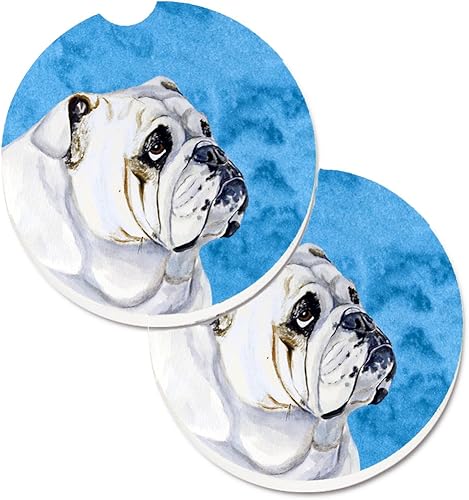 Caroline's Treasures LH9364BUCARC - Juego de 2 posavasos absorbentes para automóvil con diseño de bulldog inglés y azul para portavasos de