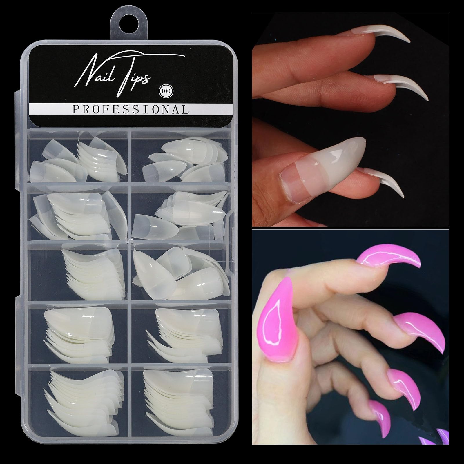 FRUJCDKI Acrylic Nail Tips - Eagle Claw Nail Tips 100Pcs, Fake Tips Half Cover Extension Tips Hawk Curved False Tips for Festivals Cosplay Claws Women Gift (White, 100pcs)