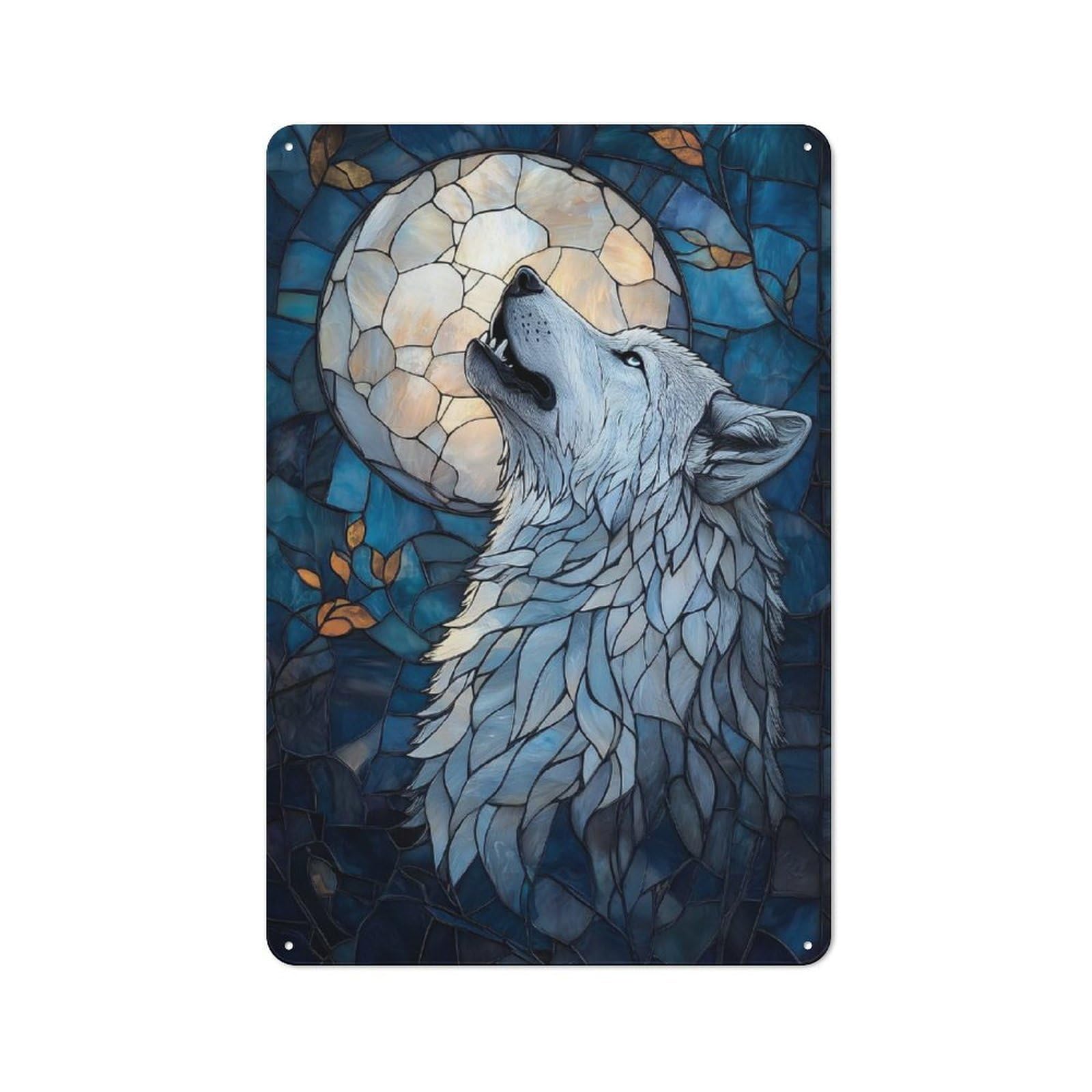 Junmoney Howling Wolf Stained Glass Art Rustic Tin Wall Plaque 30X20cm For Bar Or Restaurant, For Vintage Wall Decor Fans, For Garage And Workshop Walls