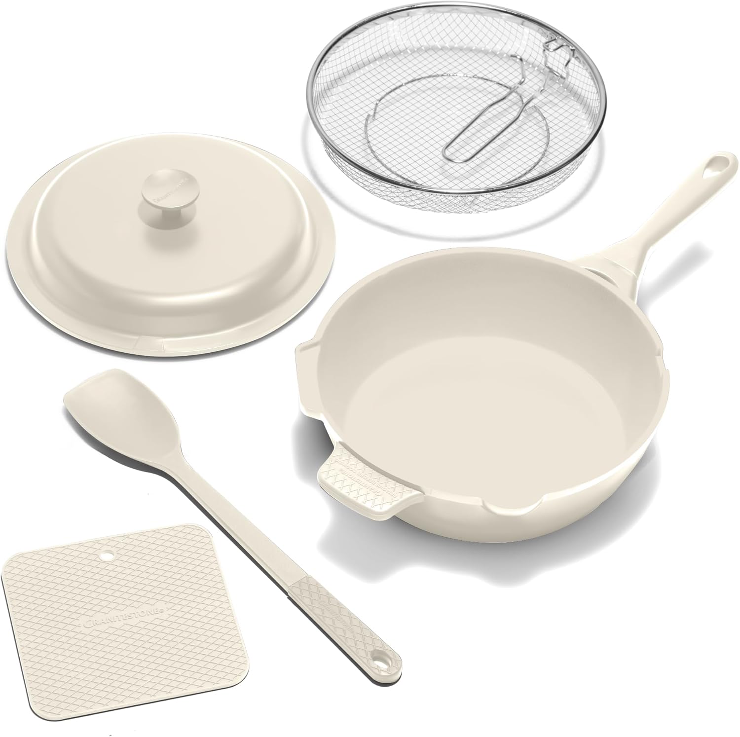 ZUKA 10 in 1 Ceramic Pan by Granitestone, Large 12 Inch Saute Pan with Lid Serves as Deep Frying Pan Set with Steamer, Everyday Skillet, Non Toxic Ceramic Nonstick, Induction Oven & Dishwasher Safe Cream 12"