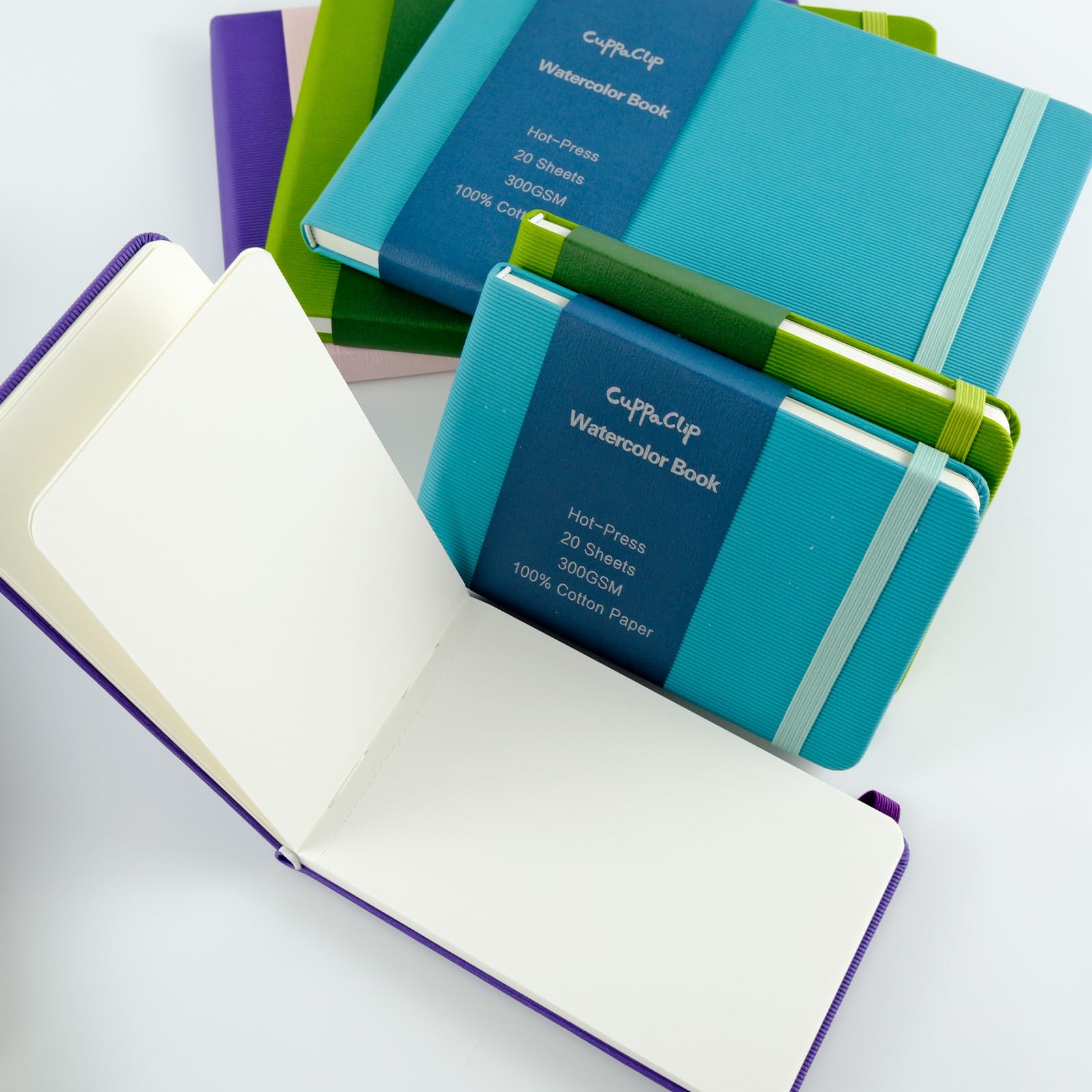 CuppaClip Quaderno per schizzi con carta ad acquerello in cotone pressato a caldo con tasca interna, diario da viaggio, 300 g/m², 63,5 kg (viola+verde, 14,8 x 9,5 cm)