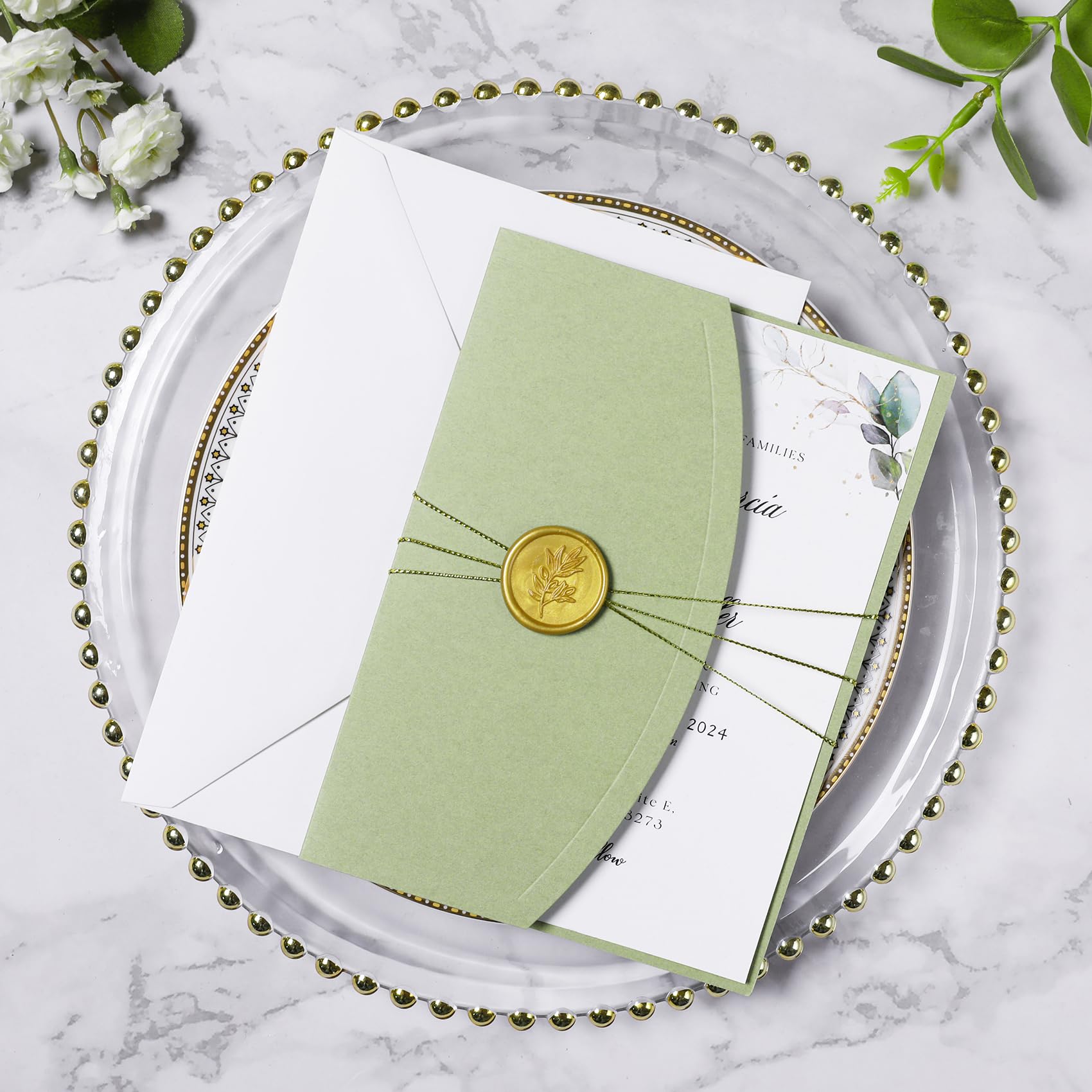 ponatia Hochzeitseinladungskarten, Umschlagkarten, Umschläge, goldene Wachssiegel, Bänder, Babypartys, Geburtstage, XV Años, Quinceañera-Einladungen, 12,7 x 17,8 cm, 20-teilig, Salbeigrün