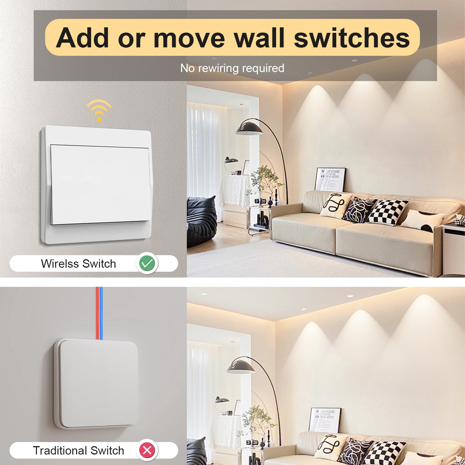 Juego de interruptores de luz inalámbricos de 230 V, interruptor inalámbrico sin batería, resistente al agua (1 receptor+3 paneles de conmutación)