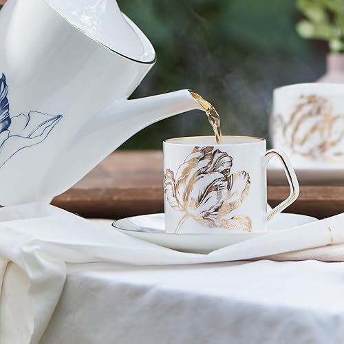 Miniatura 3 de Royal Dutch Fine Bone - Taza y platillo de café de porcelana fina, taza de café de 6.8 onzas líquidas, juego de tazas de té de lujo con patrones de