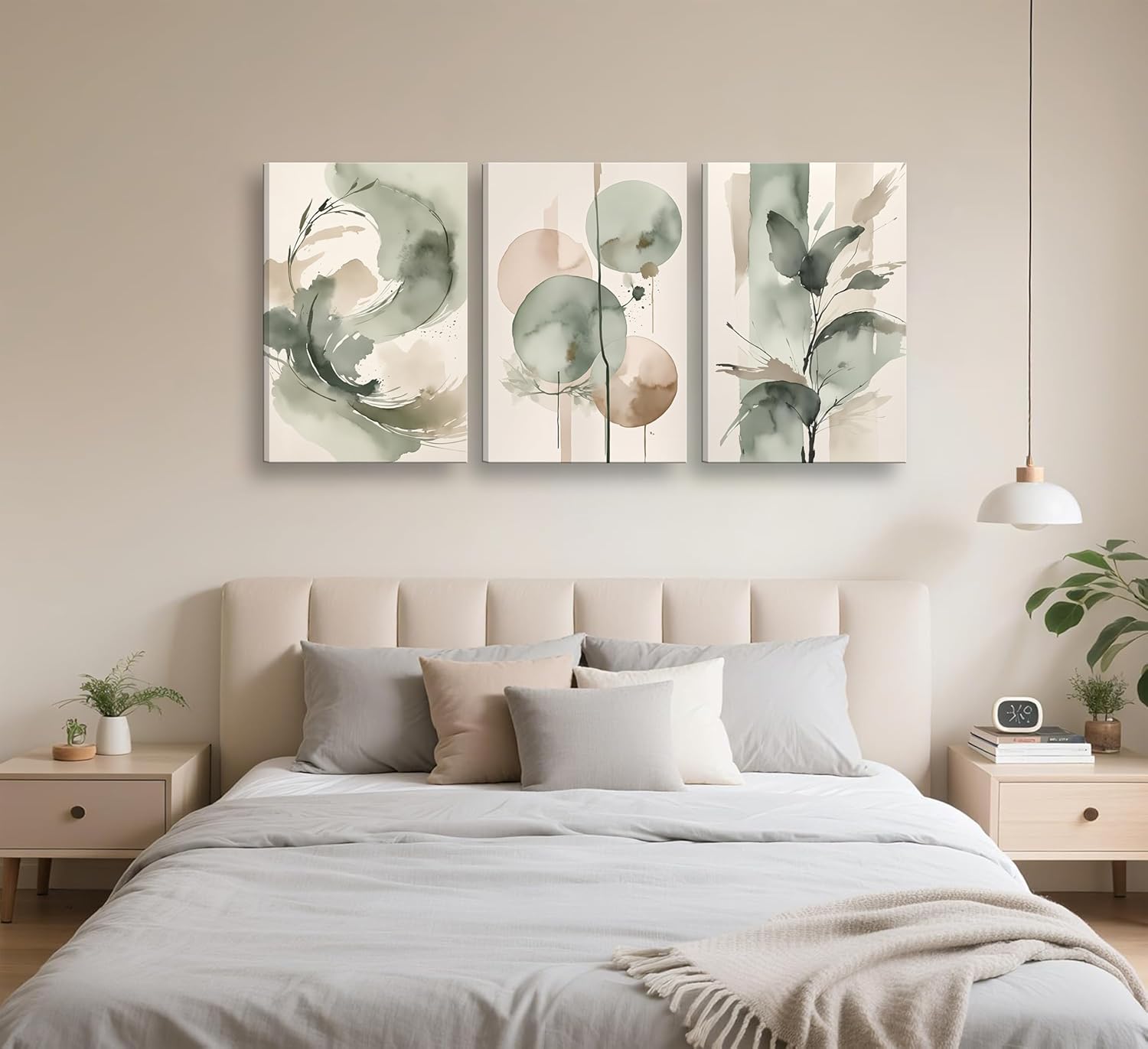 3pcs Framed Sage Green Abstract Canvas Wall Art Beige and green abstract floral butterfly Posters Prints Modern Abstract Zen Pictures Painting for Living Room Yoga Room Bedroom Decoration