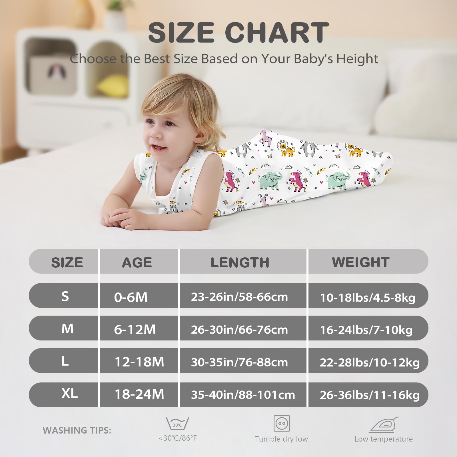 Mosebears Sacco nanna estivo per bambini, 0,5 Tog, 100% cotone, traspirante (elefante, XL)