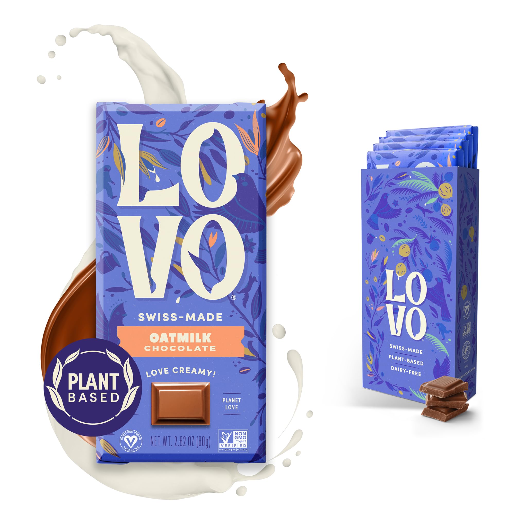 LOVO Oatmilk Chocolate Bar, 100% Plant-Based Dairy-Alternative Milk Chocolate, Creamy and Delectable Vegan Ingredients Made With Oatmilk, Gluten-Free, Swiss-made, RFA Certified, 2.82 oz (Pack of 4)Rainforest AllianceRainforest AllianceRainforest AllianceRainforest Alliance