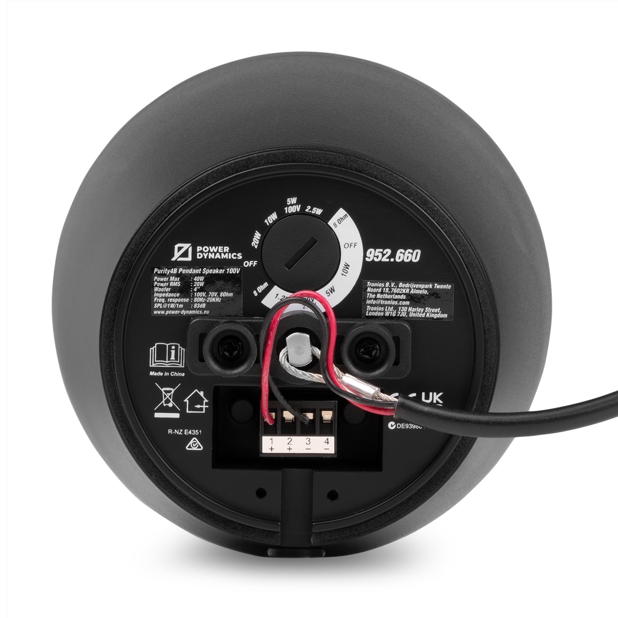 Power Dynamics Purity4B, Haut Parleur Suspendu Noir 20W 100V, 2 Voies Enceinte Plafond Pendulaire pour Sonorisation de Commerces Restaurants Bars et Espaces publics
