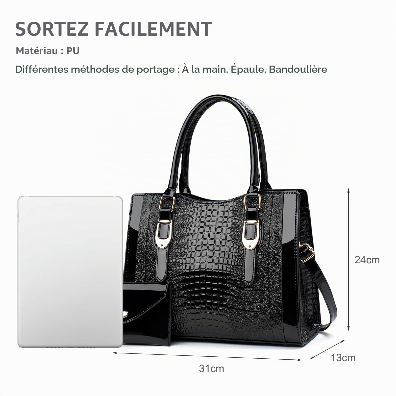 NICOLE & DORIS Sac à Main Femme Sac Fourre Tout Moyen Sac Bandoulière Cuir Verni Sac D'épaule Sac Ensemble avec Portefeuille pour Travail Shopping Voyage