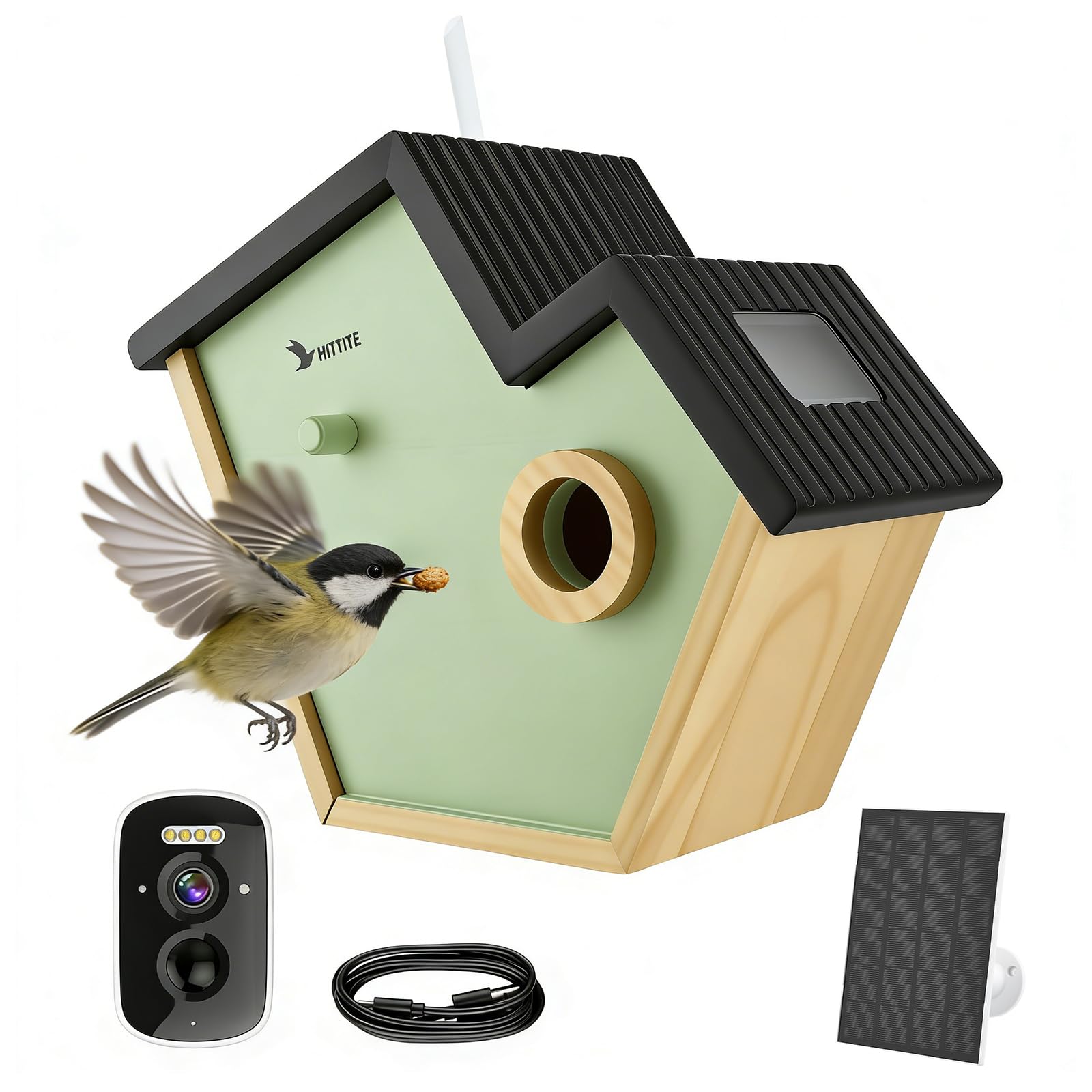 Vogelhaus mit Kamera, 2K Kamera WLAN Outdoor mit Massivholz Nistkasten, 2,4G WiFi & App Benachrichtigung, Nistkasten mit Kamera, Automatische Aufnahme von Vogelvideos &Bewegungserkennung, Solarbetrieb