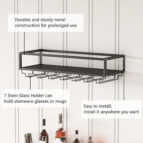 Miniatura 10 de MAIKAILUN Estante de vino montado en la pared negro con soporte para vidrio, soporte de metal para botellas de 30 pulgadas, estante de