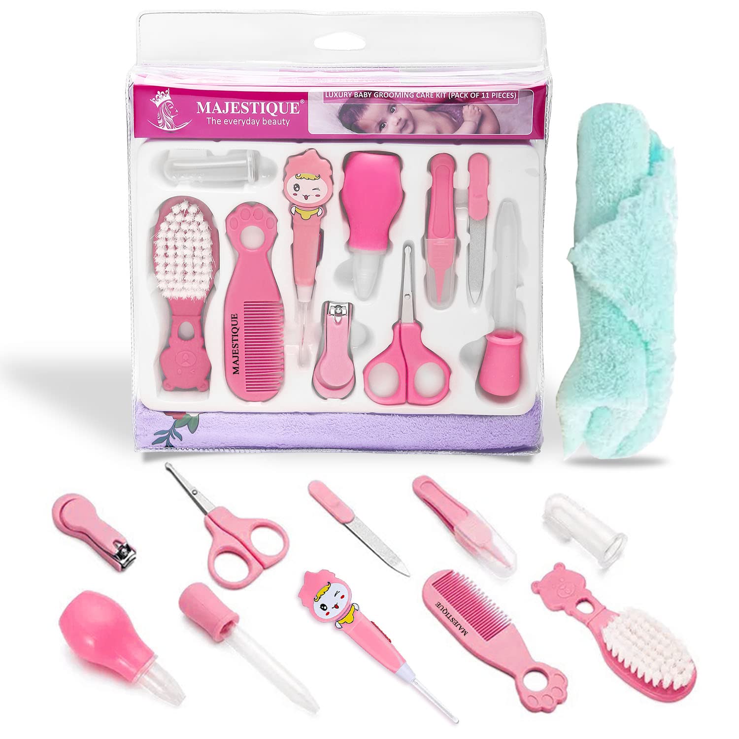 Majestique 11-in-1 Baby Grooming Kit | Portable Newborn Baby Grooming Set | Complete Manicure & Healthcare Kit for Infants, Toddlers, and Kids (Pink)