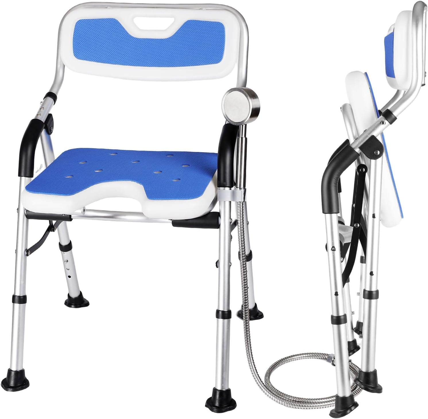 DEWEL お風呂椅子 介護 バスチェア シャワーチェア 折りたたみ 高さ4段階調節 耐荷重150kg アルミ合金製 軽量 丈夫 介護チェア 転倒防止 入浴用品 収納に便利 組み立て簡単 日本語説明書付き (ブルー)