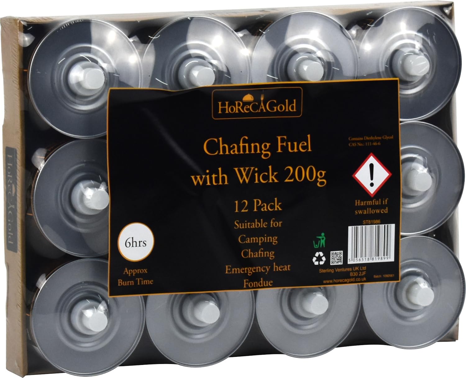 Portable Bio Ethanol Fuel Can for Chafing, Cooking, Heating 12pk (200g with wick (approx 6 hrs))