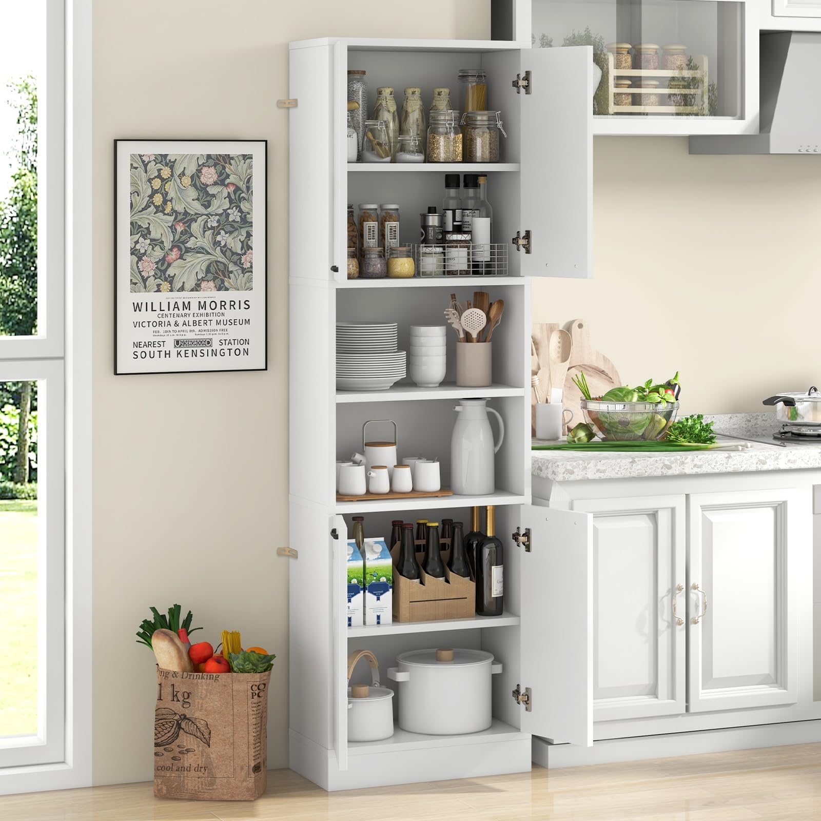 KOMFOTTEU Hochschrank Aufbewahrungsschrank 190 cm, Mehrzweckschrank Küchenschrank mit 4 Türen & halboffenem Regal, Badezimmerschrank Bücherschrank 56 x 30 x 190 cm (Weiß)