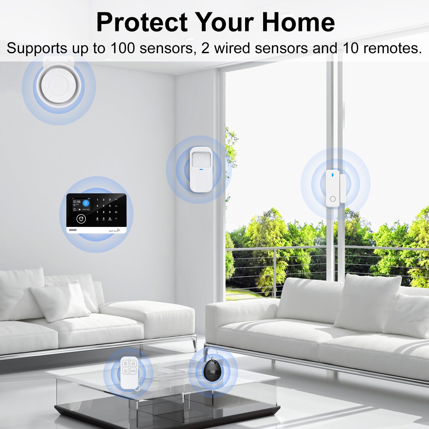 Sistema di Sicurezza Domestico, Sistema di Allarme Casa Senza Fili WIFI/GSM SMS con Rilevatore di Movimento, Sirena di Allarme da 120dB, Telecomando Intelligente, Compatibile con Alexa(12 Pezzi)