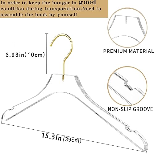 Miniatura 6 de Besser - Paquete de 15 perchas acrílicas con dorado, colgador acrílico transparente, perchas de cristal de alta calidad con gancho dorado giratorio