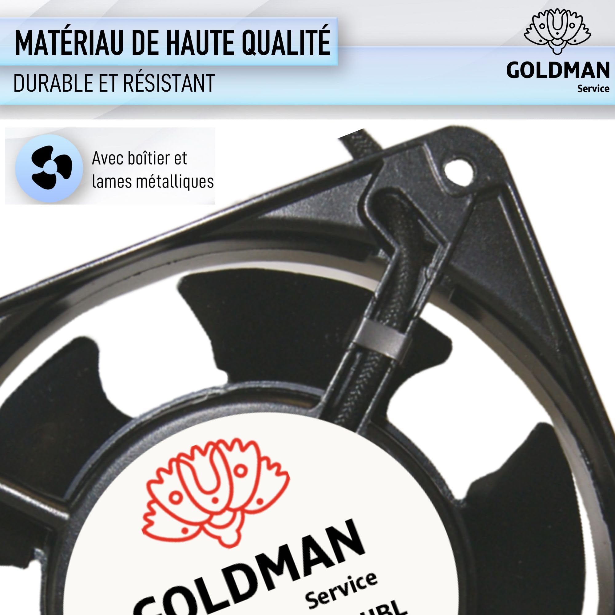 GOLDMAN SERVICE | Ventilateur Axial Haute Température avec Grille et Filtre pour Insert de Cheminée | Silence & Lames Métalliques Puissantes | Dimensions : 120×120×38 mm (23 W)