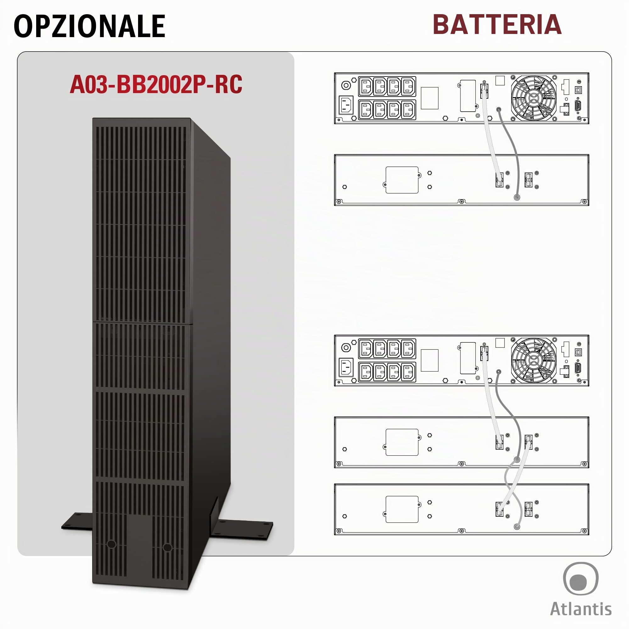 Atlantis Gruppo di Continuità UPS Online Rack 2000VA/1800W doppia conversio | onda sinusoidale pura, server, LCD, USB, RS232, 8 IEC, slot SNMP, 4 batterie 12V 9Ah, cod. A03-OP2002P-RC
