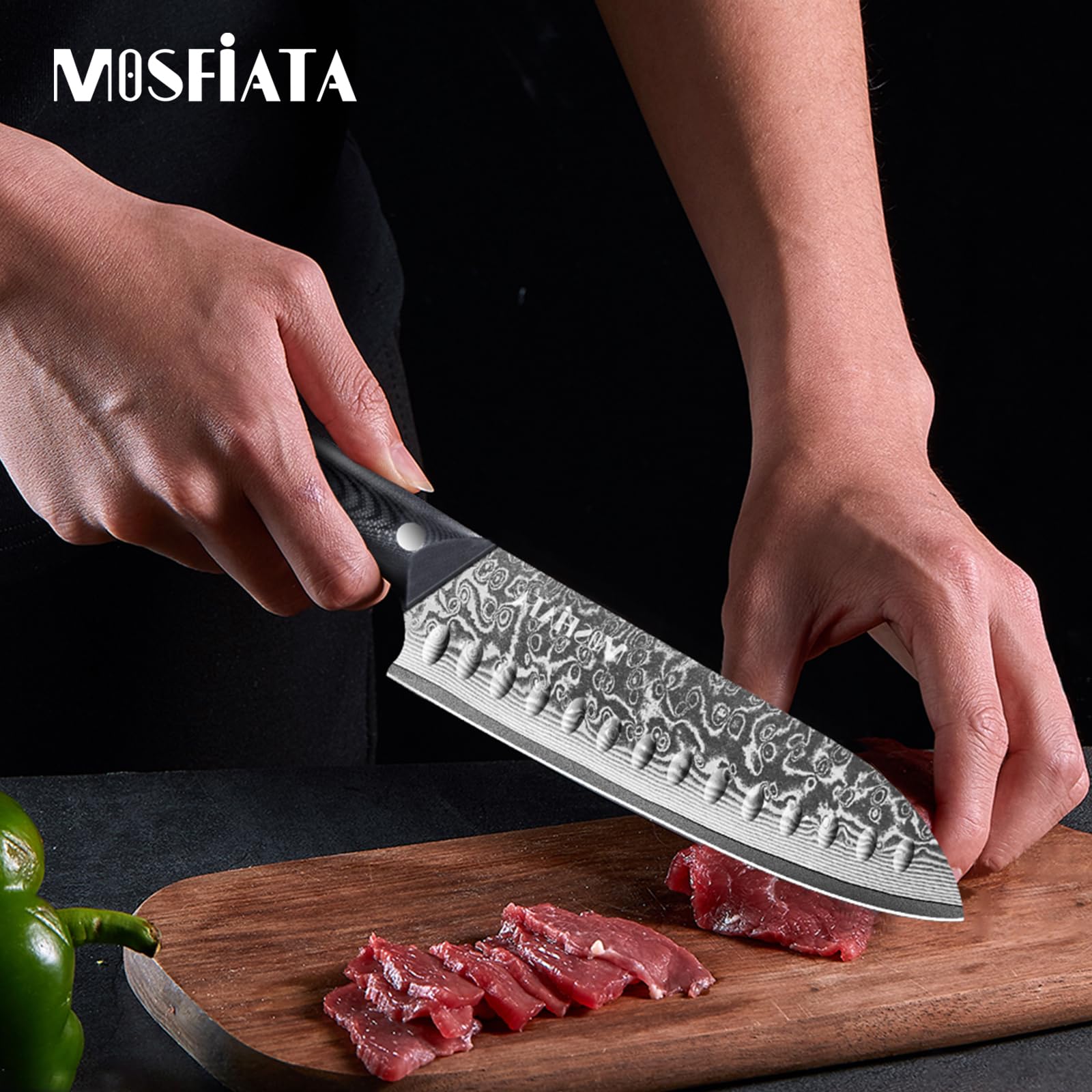 MOSFiATA Zestaw noży damasceńskich, nóż szefa kuchni 20 cm, nóż Santoku, 8 cali, nóż do owoców, stal damasceńska VG10, zestaw upominkowy z ochroną palców i ściereczką