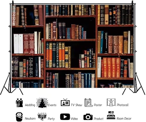 Miniatura 2 de DASHAN Estantería de poliéster de 7 x 5 pies para el regreso a la escuela, biblioteca vintage, biblioteca, oficina de enseñanza en línea, video de