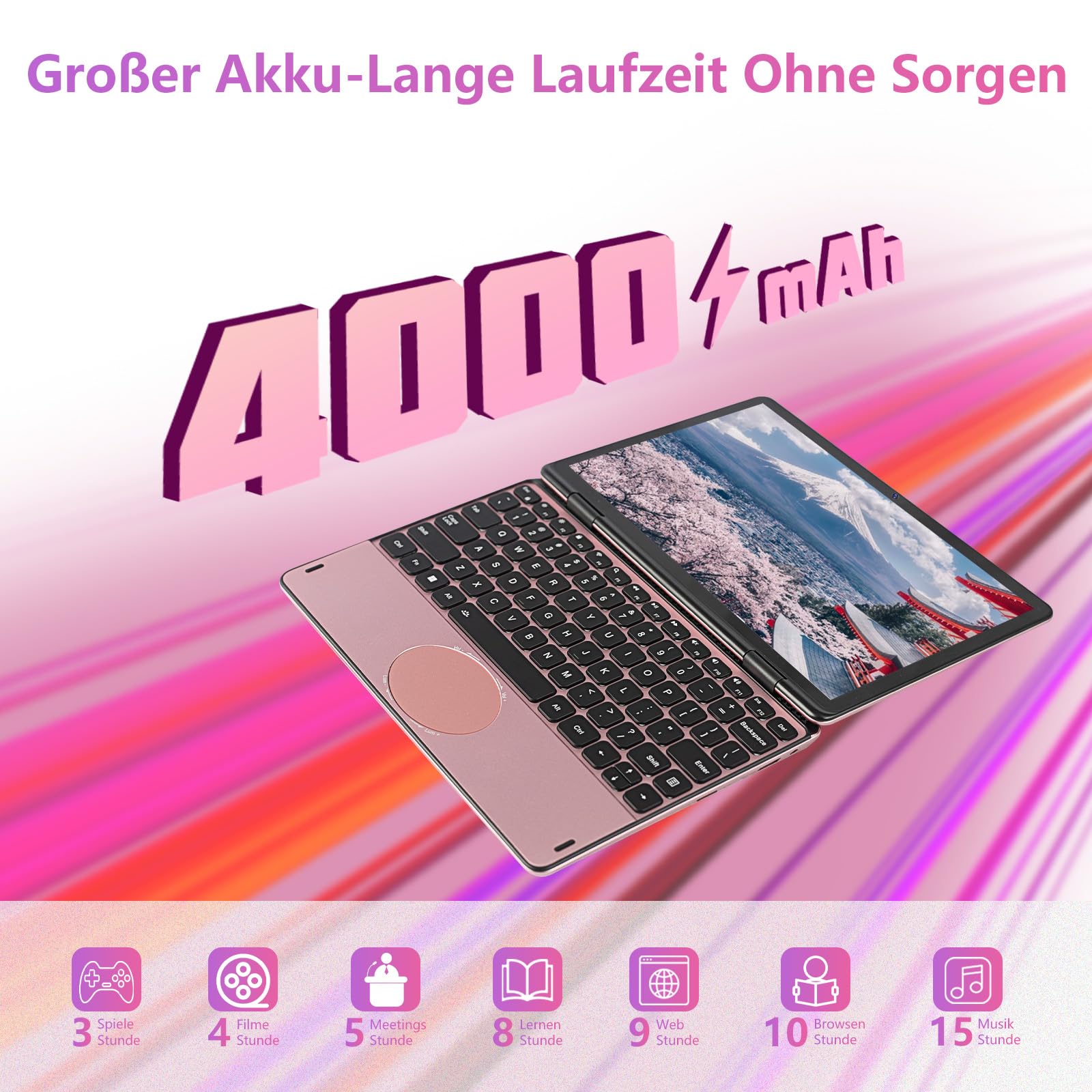 Mini Computer Portatile 2-in-1 10.95 Touchscreen Rotazione 360° Celeron N100 1920x1200 16GB DDR4 Tastiera Italiana BT5.0 Win11 Pro Notebook Rosa 16+512GB SSD