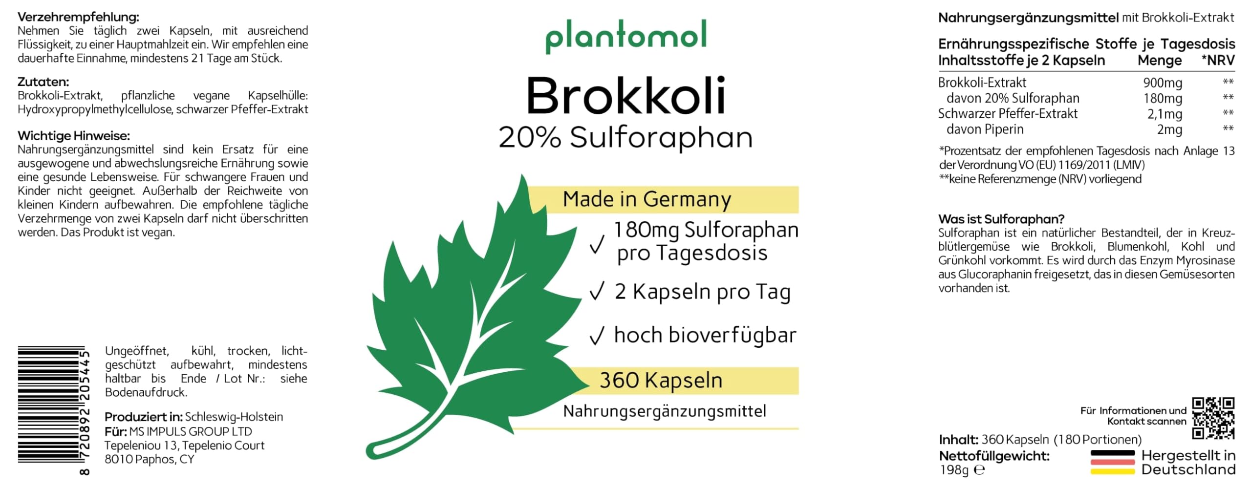 90mg Sulforaphan! 360 Sulforaphan Kapseln hochdosiert aus Brokkoli-Extrakt - Brokkoli Kapseln hochdosiert aus Brokkolisprossen - 6 Monatsvorrat
