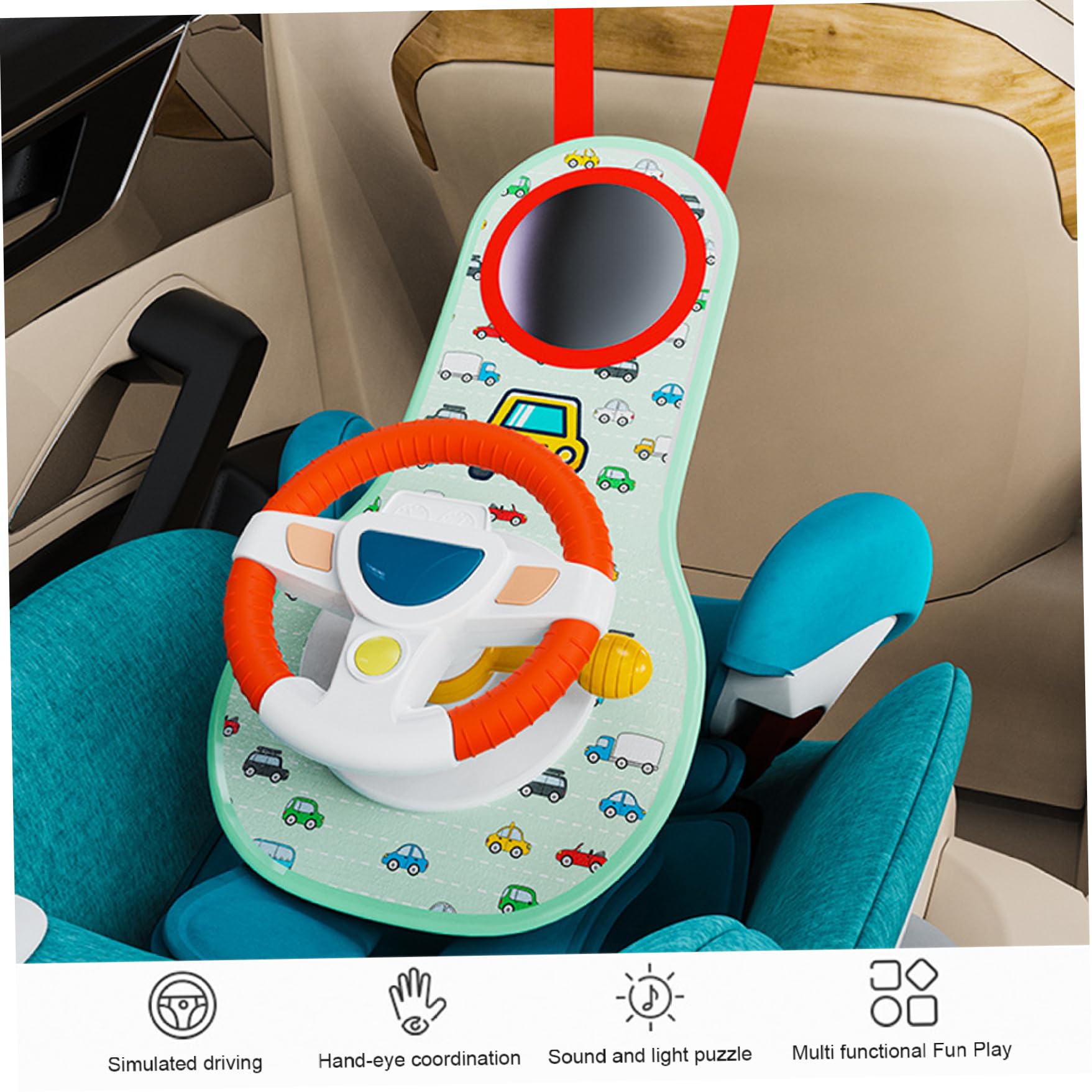 Giocattolo per seggiolino auto rivolto all'indietro, volante per bambini con rotazione a 360° con specchio, musica, luci e suoni di guida, volante per bambini da 12 mesi in su per sedile posteriore d