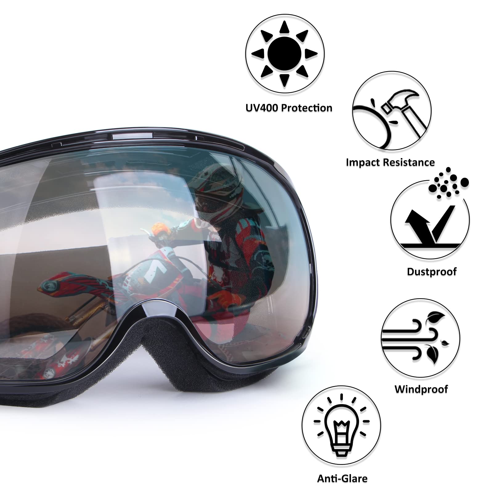 Gafas de motocicleta ajustables, ligeras, marco negro+lente transparente, unisex