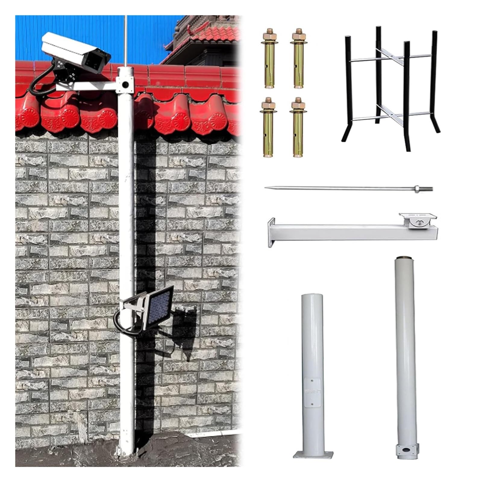 Genérico Poste Universal para cámara de Seguridad Exterior con pararrayos, Soporte de Poste CCTV Duradero de 300 cm para vigilancia, Soporte de cámara Ideal para protección de Patios y pasillos.