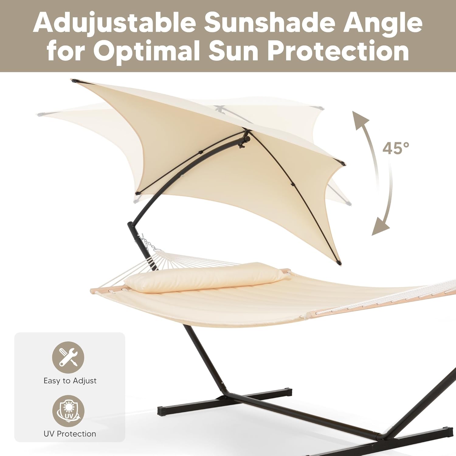 SUNCREAT Portable Outdoor Hammock with Stand, Sun-Protective Canopy, Double Hammock with Stand for Outside, Patent Pending, Beige