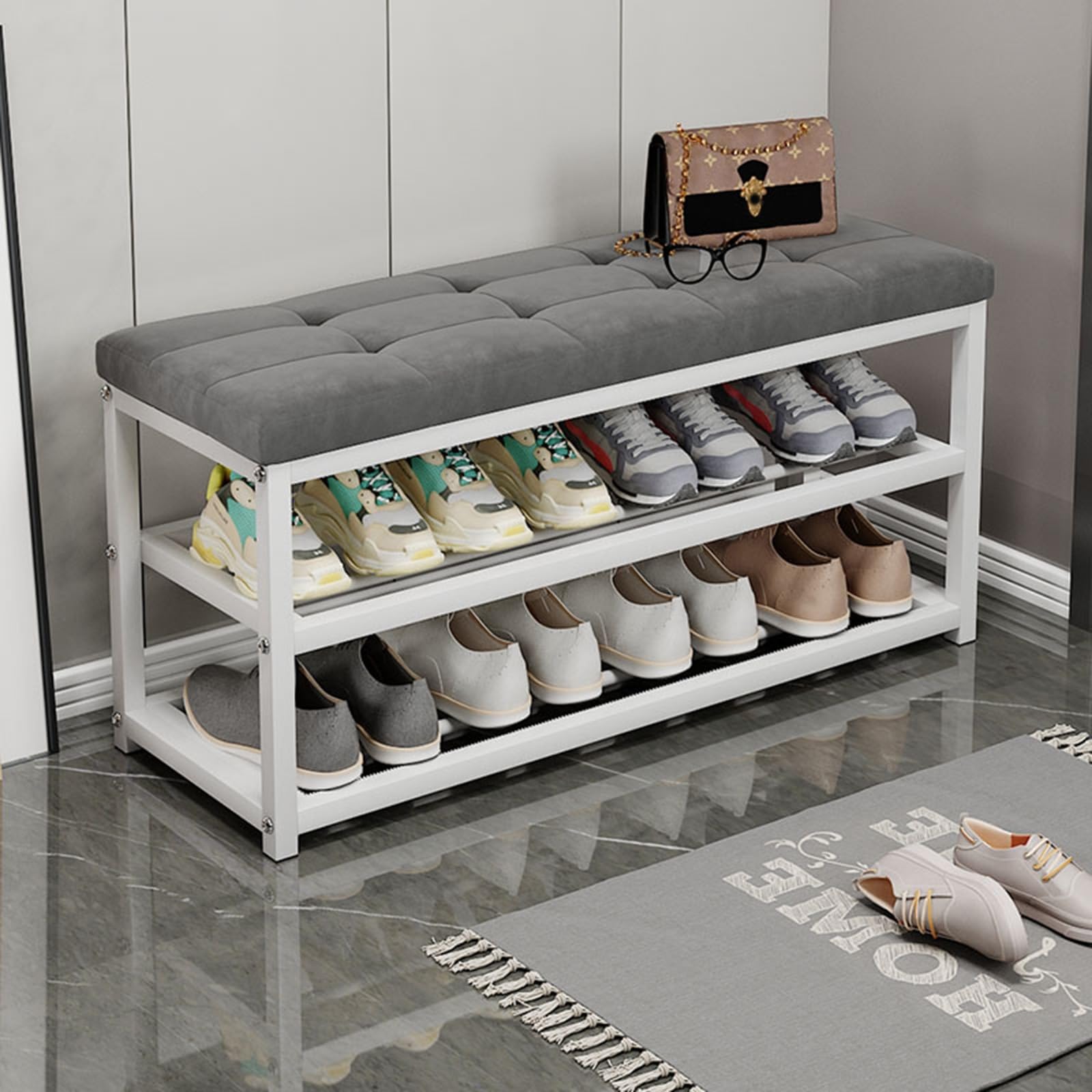 MSHGSKU Shoe Rack Bench with Cushion and Metal Frame - Entryway Organizer for Living Room, Hallway, Mudroom - Holds 300 lb