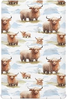Cartoon Highland Cow Meadow Crib Sheet for Boys Girls Stretch Baby Toddler Crib Fitted Sheets Soft Fitted Baby Mattress Cover Bed Sheet for Unisex Newborn Crib Mattress M
